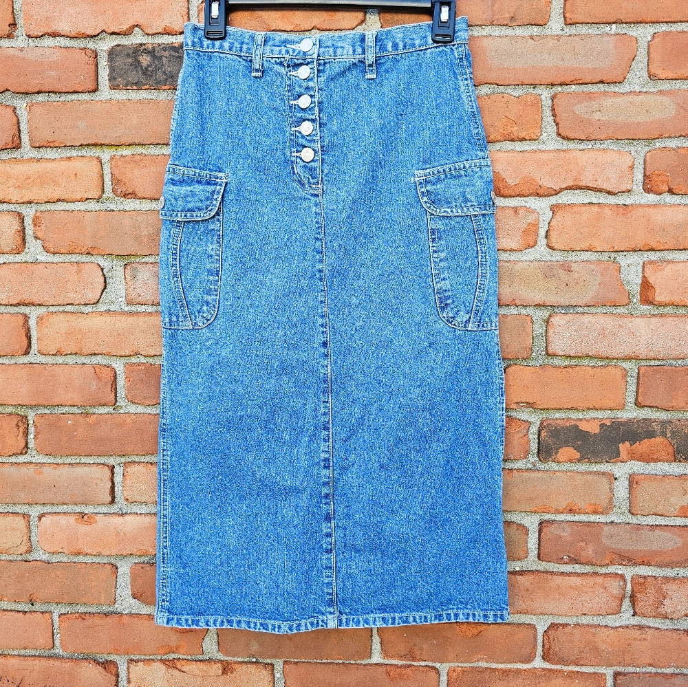 VTG Pace High-Waisted Button Front Denim Midi Skirt – Size 14 ( XS Fit Fit)